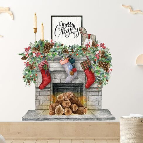 Removable Christmas Wall Decals for Home Decoration Cartoon Socks Fireplace Wall Stickers for Kids Room Children's Room Decorative Stickers Self Adhesive Christmas Background Wallpaper Murals in Kuwait