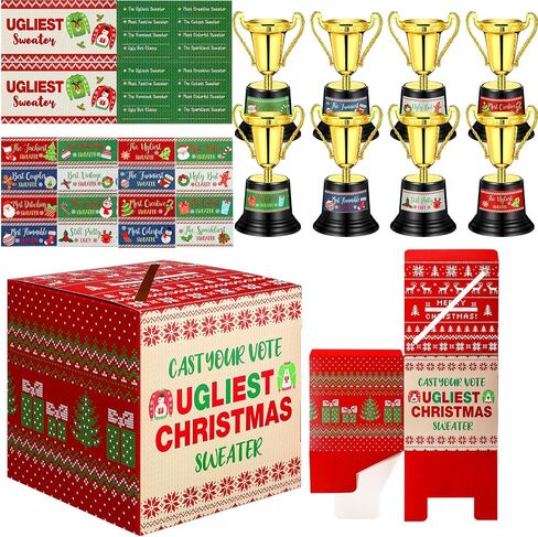 71 Pcs Xmas Ugly Sweater Game Sets Ugly Sweater Contest Voting Box 60 Voting Cards 8 Christmas Sweater Trophy Award with 2 Sheets Stickers for Xmas Holiday Ugly Sweater Party Supplies in Saudi Arabia