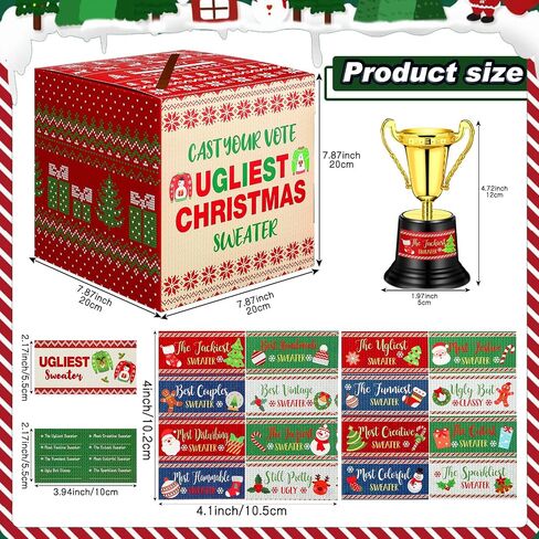 71 Pcs Xmas Ugly Sweater Game Sets Ugly Sweater Contest Voting Box 60 Voting Cards 8 Christmas Sweater Trophy Award with 2 Sheets Stickers for Xmas Holiday Ugly Sweater Party Supplies in Saudi Arabia