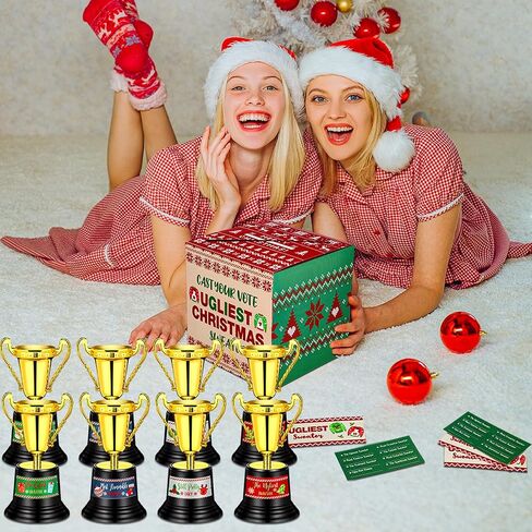 71 Pcs Xmas Ugly Sweater Game Sets Ugly Sweater Contest Voting Box 60 Voting Cards 8 Christmas Sweater Trophy Award with 2 Sheets Stickers for Xmas Holiday Ugly Sweater Party Supplies in Saudi Arabia