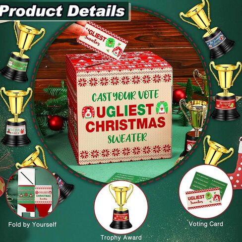 71 Pcs Xmas Ugly Sweater Game Sets Ugly Sweater Contest Voting Box 60 Voting Cards 8 Christmas Sweater Trophy Award with 2 Sheets Stickers for Xmas Holiday Ugly Sweater Party Supplies in Saudi Arabia