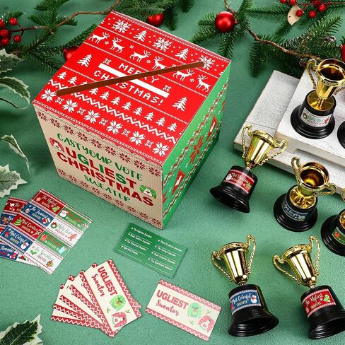 71 Pcs Xmas Ugly Sweater Game Sets Ugly Sweater Contest Voting Box 60 Voting Cards 8 Christmas Sweater Trophy Award with 2 Sheets Stickers for Xmas Holiday Ugly Sweater Party Supplies in Saudi Arabia