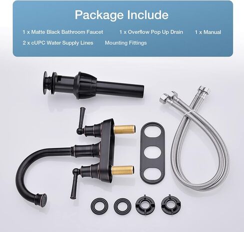 صنبور حمام أسود غير لامع بمقبضين من النحاس صنبور حوض الغرور 360 درجة صنبور دوار 4 بوصة مثبت على سطح السفينة، مع تصريف منبثق للتدفق الزائد ومجموعة خطوط إمداد المياه cUPC، BH-038MB in Kuwait