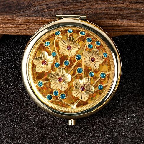 TANG SONG1PC Vintage Five Little Flowers Patterns Pattern Cosmetic Makeup Pocket Purse Magnification Jewel Mirror (Golden) in Saudi Arabia