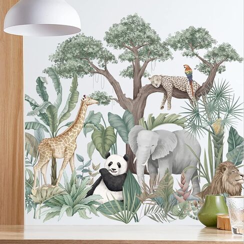 Runtoo Tropical Jungle Animal Wall Decals Panda Elephant Plants Wall Stickers Kids Room Bedroom Wall Decor in Saudi Arabia