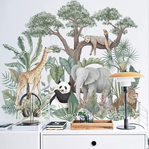 Runtoo Tropical Jungle Animal Wall Decals Panda Elephant Plants Wall Stickers Kids Room Bedroom Wall Decor in Saudi Arabia
