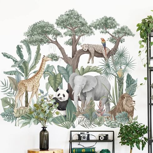 Runtoo Tropical Jungle Animal Wall Decals Panda Elephant Plants Wall Stickers Kids Room Bedroom Wall Decor in Saudi Arabia
