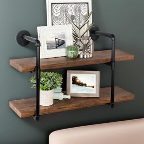 Honey-Can-Do 2-Tier 31.5-inch Wide Floating Wall Shelves, Rustic Wood Shelf with Black, SHF-09909