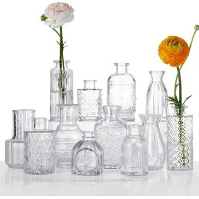 12 Pcs Glass Bud Vase Set of，Small Glass Vases for Flowers，Mini Vintage Vases in Bulk, Clear Bud Vases for Centerpieces，Small Glass Bud Vase for Rustic Wedding Decorations，Home Table Flower Décor.