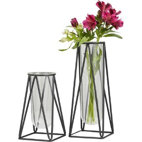Deco 79 Glass Decorative Vase Tube Centerpiece Vases with Metal Stand, Set of 2 Flower Vases for Home Decoration 9", 13"H, Gold
