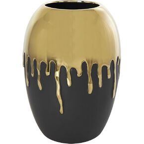 CosmoLiving by Cosmopolitan Ceramic Decorative Vase Centerpiece Vase with Abstract Gold Melting Drips, Flower Vase for Home Decoration 5" x 5" x 14", Black