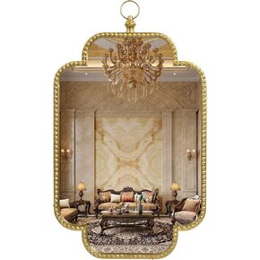 Rounded Corner Rectangle Wall Mirror 18.5"x31.5" - Antique Gold Beaded Frame Scalloped Bathroom Vanity Mirror with Hanging Ring for Dresser Bedroom Mantel Entryway Living Room