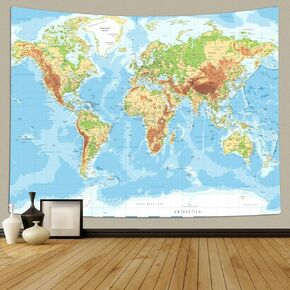 World Map Tapestry, Detailed Blue Ocean Natural Physical Map and Cities Tapestry Wall Hanging Geographic Educational Tapestry for Bedroom Living Room Dorm Office Classroom Decor 40 x 28Inch