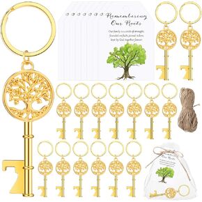 25 Sets Family Reunion Favors Tree Shape Bottle Opener Keychain Life Tree Bottle Opener with Remember Our Roots Cards and Organza Bag Family Party Favors Family Reunion Gift for Guest