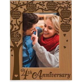 KATE POSH - Our 4th Anniversary Engraved Natural Wood Picture Frame - 4 Years of Marriage, 4th Anniversary, Four Years Together, Wedding for Husband & Wife, Fruit Basket Anniversary (4x6 Horizontal)