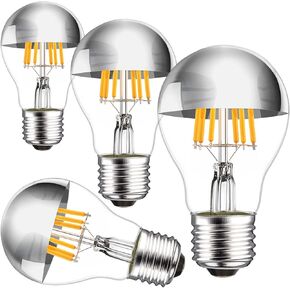 Half Chrome Light Bulb 6W (60 Watt Equivalent), Dimmable A19 A Shape 2700K Warm White Decorative LED Edison Bulb, Silver Tipped Light Bulb E26 Base Pack of 4