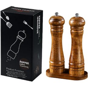 2 Piece Wooden Vertical Tray Adjustable Grinding Pepper Wooden Salt and Pepper Mill Set with MillPepper MillSea Salt Shaker Suitable for Pepper or Spice Mills