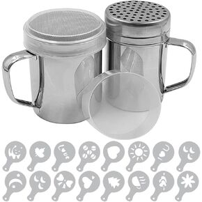 Large Size Powdered Sugar Shaker Duster with Handle, 2pcs Stainless Steel Powder Shakers for Pepper Cinnamon Powder Flour with Printing Molds Stencils - Fine & Large Mesh
