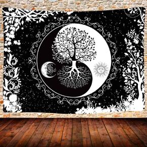 UHOMETAP Psychedelic Sun and Moon Wall Hanging Tapestry Yin Yang Art Tree of Life Bohemian Hippie Black White Wall Decor Blanket for Living Room Bedroom Dorm 93x71 Inches GTQQUH1003