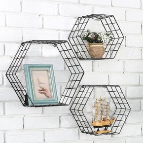 MyGift Black Metal Wall Mounted Crystal Display Shelf, Modern Wire Decorative Floating Shelves for Bedroom Living Room Office, Set of 3