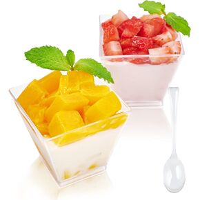 JOLLY CHEF 100 x 3 oz Square Mini Dessert Cups with Spoons, Clear Plastic Parfait Appetizer Cup Small Plastic Dessert Cups Serving Bowl for Tasting Party Desserts Appetizers