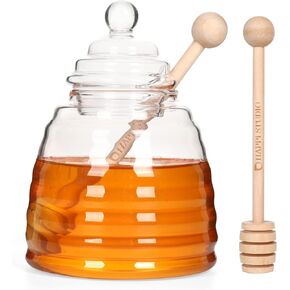 Honey Pot - Airtight 13 Oz Honey Jar and Dipper Set - Honey Dipper Stick and Jar Set - Glass Honey Dispenser/Containers with Wooden Honey Dipper