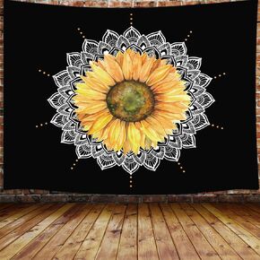 JAWO Mandala Sunflower Tapestry, Trippy Yellow Floral Flower on Black Small Tapestry Wall Hanging for Bedroom, Hippie Tapestry Beach Blanket College Dorm Home Decor (60" W X 40" H)