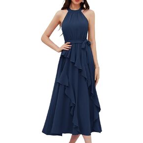 GRACE KARIN Women's 2024 Summer Sleeveless Halter Neck Ruffle Hem Split Flowy Swing Long Midi Dress with Belt in Kuwait