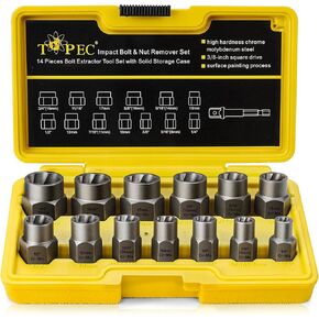 Topec 5-Piece Heavy Duty Nut Bolt Remover set, 1/2" Drive Impact Extractor Set, Perfect Tool Kit for Removing Stripped, Damaged, Rounded off and Rusted Bolts & Nuts, and Shorter Profile Lug Nuts