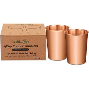 HealthAndYoga™ qCup Pure Copper Tumblers for Drinking - Ayurvedic Health Pure Copper Cups – 2 pcs. set - 250 ml.(8 fl oz) (Plain)