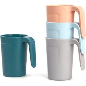 Reusable Plastic Cups (12 oz) - Set of 4 | Unbreakable Plastic Coffee Mugs with Handles | Dishwasher and Microwave Safe | BPA Free & Eco-Friendly | Ideal Plastic Drinking Cups for Kitchen