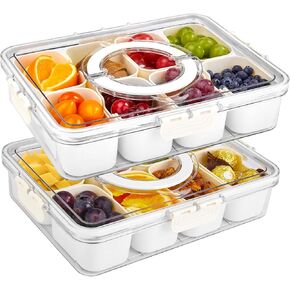 SOLEJAZZ Divided Serving Tray with Lid and Handle, Snackle Box Container Clear Snack Platters Charcuterie Organizer, Serving Platter Veggie Tray for Candy, Fruits, Nuts, Snacks, 2 Pack