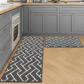 hicorfe Kitchen Rugs and Mats Sets,2 Pieces Super Absorbent Polypropylene Non-Slip Rug,Soft Comfort Floor Mat,Machine Washable Kitchen,Hallway,Office,Sink,Laundry（20" x 31.5" Plus 20" x 48",Black）