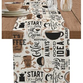 Coffee Theme Table Runner - 48 Inch Long Coffee Time Farmhouse Retro Black Cotton and Linen Blended Dress Scarves Farmhouse Table Runner for Kitchen Dining, Coffee Table, 13" x 48"
