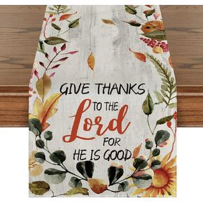 Artoid Mode Give Thanks to The Lord for He is Good Leaves Thanksgiving Table Runner, Fall Harvest Holiday Kitchen Dining Table Decoration for Indoor Outdoor Home Party Decor 13 x 36 Inch