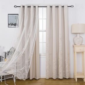 GYROHOME Double Layered Curtains with Embroidered White Sheer Tulle, Mix and Match Curtains Room Darkening Grommet Top Thermal Insulated Drapes,2Panels,52x72inch,Beige