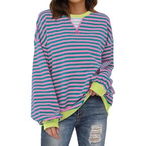 XIEERDUO Womens Crewneck Oversized Sweatshirt Striped Color Block Tops Long Sleeve Shirts Pullover Sweaters Y2K Clothes