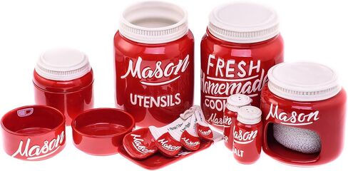 Mason Jar Kitchenware Set - Kitchen Accessories - Measuring Cups & Spoons, Spoon Rest, Condiment Shakers, Sponge Holder, Ceramic Jar, Utensil Crock - Kitchen Counter Decor Accessories Red 17 Pc in Saudi Arabia