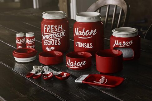 Mason Jar Kitchenware Set - Kitchen Accessories - Measuring Cups & Spoons, Spoon Rest, Condiment Shakers, Sponge Holder, Ceramic Jar, Utensil Crock - Kitchen Counter Decor Accessories Red 17 Pc in Saudi Arabia