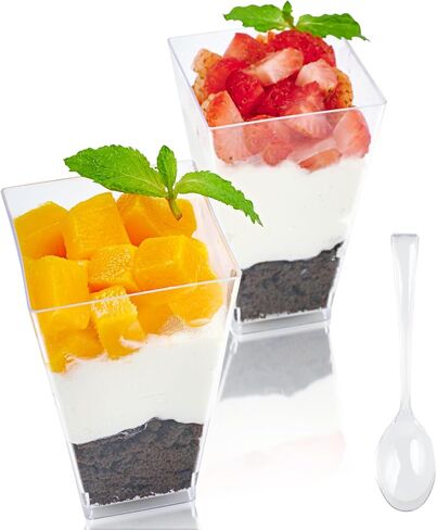 JOLLY CHEF 100 x 3 oz Square Mini Dessert Cups with Spoons, Clear Plastic Parfait Appetizer Cup Small Plastic Dessert Cups Serving Bowl for Tasting Party Desserts Appetizers in Saudi Arabia