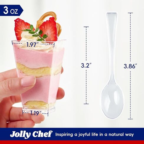 JOLLY CHEF 100 x 3 oz Square Mini Dessert Cups with Spoons, Clear Plastic Parfait Appetizer Cup Small Plastic Dessert Cups Serving Bowl for Tasting Party Desserts Appetizers in Saudi Arabia