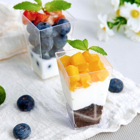 JOLLY CHEF 100 x 3 oz Square Mini Dessert Cups with Spoons, Clear Plastic Parfait Appetizer Cup Small Plastic Dessert Cups Serving Bowl for Tasting Party Desserts Appetizers in Saudi Arabia