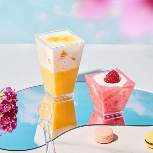 JOLLY CHEF 100 x 3 oz Square Mini Dessert Cups with Spoons, Clear Plastic Parfait Appetizer Cup Small Plastic Dessert Cups Serving Bowl for Tasting Party Desserts Appetizers in Saudi Arabia