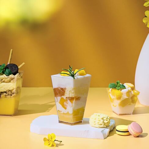 JOLLY CHEF 100 x 3 oz Square Mini Dessert Cups with Spoons, Clear Plastic Parfait Appetizer Cup Small Plastic Dessert Cups Serving Bowl for Tasting Party Desserts Appetizers in Saudi Arabia
