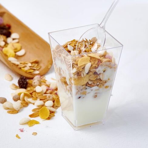 JOLLY CHEF 100 x 3 oz Square Mini Dessert Cups with Spoons, Clear Plastic Parfait Appetizer Cup Small Plastic Dessert Cups Serving Bowl for Tasting Party Desserts Appetizers in Saudi Arabia