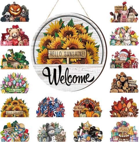 Yousoontic 17 Pcs 12 Inch Magnetic welcome door sign for Interchangeable Front Door Decorations Seasonal and Festive Door Signs for Home Round Wood Sign Hanging welcome door signs for Wall Farmhouse in Saudi Arabia