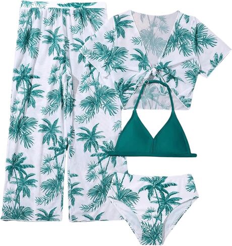 طقم بيكيني SOLY HUX للفتيات مكون من 4 قطع بطباعة استوائية وملابس سباحة مع كيمونو وسروال تغطية in Kuwait