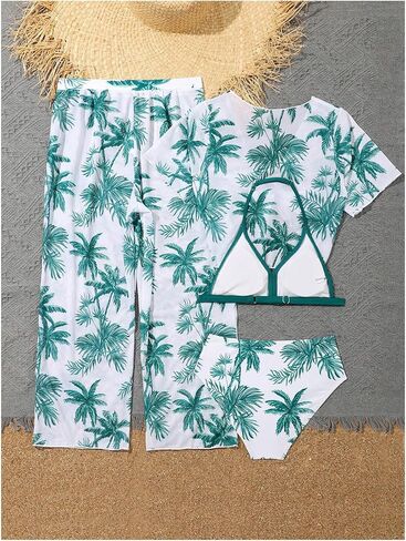 طقم بيكيني SOLY HUX للفتيات مكون من 4 قطع بطباعة استوائية وملابس سباحة مع كيمونو وسروال تغطية in Kuwait