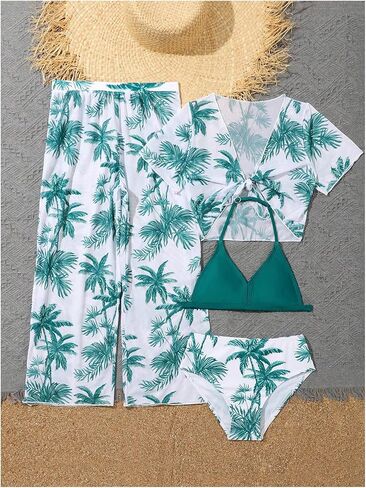 طقم بيكيني SOLY HUX للفتيات مكون من 4 قطع بطباعة استوائية وملابس سباحة مع كيمونو وسروال تغطية in Kuwait