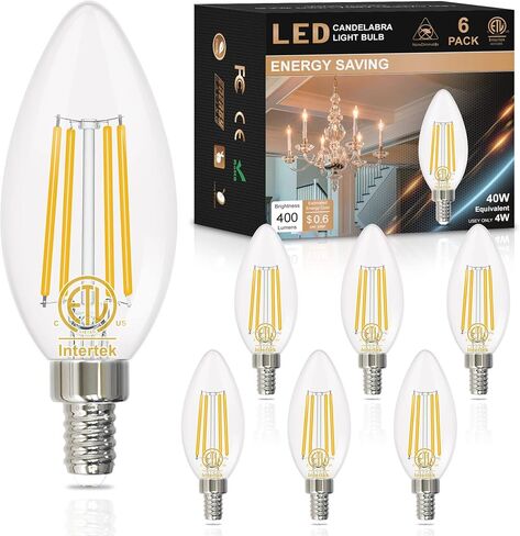 hansang e12 لمبة شمعدان LED 2700K أبيض دافئ، 40W ما يعادل نوع B مصابيح كهربائية، 4W شكل شمعة B11 لمبة LED للثريا، خيوط LED مع زجاج شفاف، 120 فولت، 400LM، 6 عبوات، غير قابلة للتعتيم in Kuwait